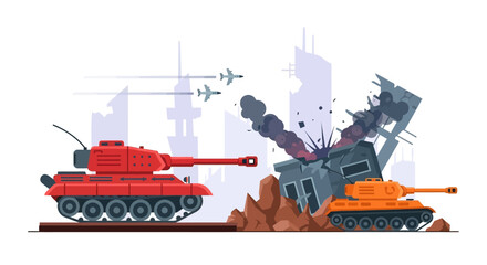 Modern warfare depicted with tanks and aircraft amidst urban destruction and smoke.