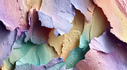 Abstract textured surface of layered, crumbled, pastel-colored material