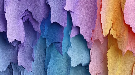 Abstract textured layered paper.  Colorful, uneven,  torn pieces cascade downward, a spectrum of vibrant hues