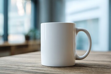 White mug on a wooden table in a bright room.  Blurred background