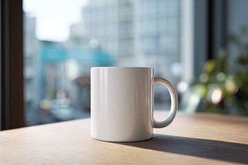 A blank white mug sits on a light wooden table, bathed in sunlight, in front of a city view through large windows