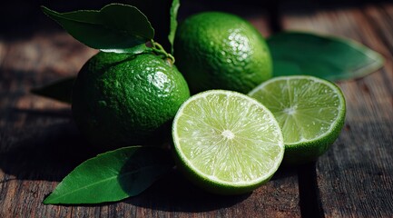 Fresh limes and leaves on a rustic wooden surface (1)