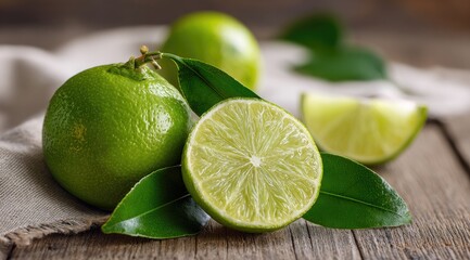 Fresh limes on rustic wooden table