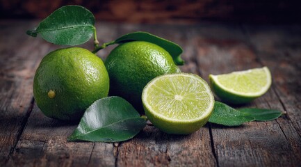 Fresh limes on a rustic wooden table