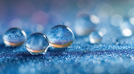 Close-up of water droplets on a textured blue surface, reflecting light