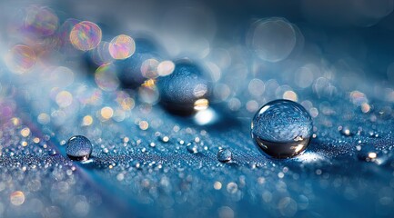 Close-up of water droplets on a textured surface.  Blurred background of vibrant blue and iridescent highlights