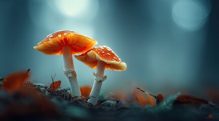 Two vibrant orange-red mushrooms, dew-kissed, stand in a mystical forest floor bathed in soft light