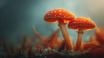 Two vibrant red and white mushrooms stand tall in a sunlit, misty forest