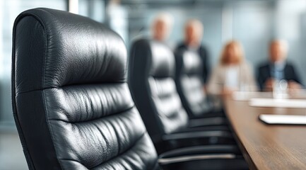 Black leather conference room chairs.  Blurred background of business people