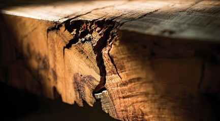 Close-up of a rustic wooden table edge.  Natural wood grain, cracks, and light highlights