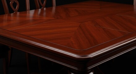 Close-up of a dark-red wooden dining table.  Two chairs visible