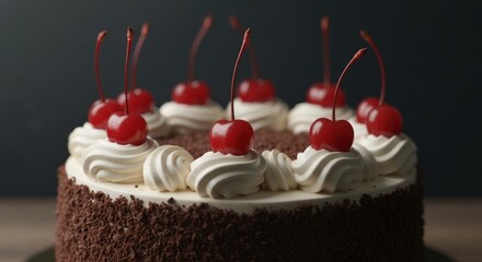 Close-up of a rich chocolate cake, adorned with  fresh cherries and whipped cream