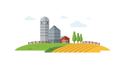 a quaint farm scene with silo barn fields and trees © Lhvect02