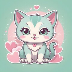 Fototapeta premium Adorable cartoon kitten surrounded by loving hearts brings joy to any project with vibrant colors