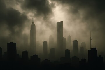 Metropolitan skyline silhouette with atmospheric haze revealing urban environmental challenges