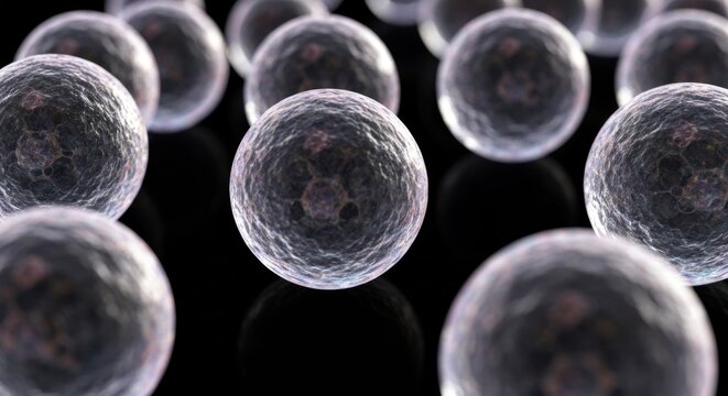 Close-up view of numerous, spherical, translucent cells, detailed textures