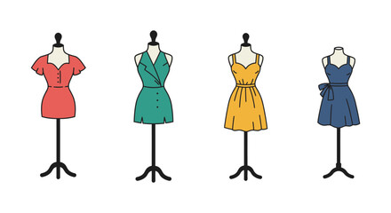 four mannequins displaying colorful dresses in various styles