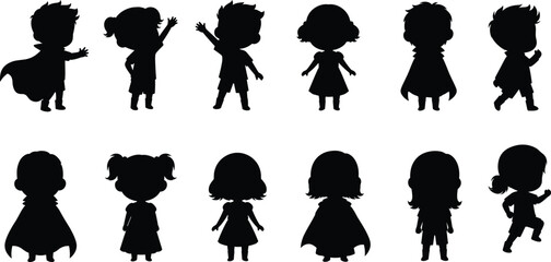 Cartoon Superhero Kids Silhouettes with Capes, Boys and Girls Standing and Posing in Vector Style for Comic and Animation Design