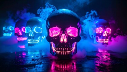 Digital artwork features multiple skulls with glowing pink and blue illumination, surrounded by vapor, set against a dark backdrop