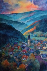 Colorful Autumn Village In Mountains At Sunset