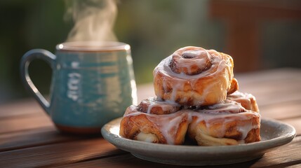Cozy breakfast scene with cinnamon rolls and a steaming mug on a wooden table