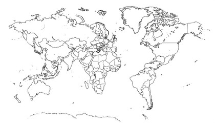 Simple black line drawing of the world map, showcasing the international boundaries of each country.