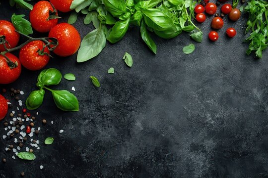 Fresh tomatoes and basil leaves on a dark, textured surface with copy space. Use for recipes, food blog headers, and restaurant menus designs.