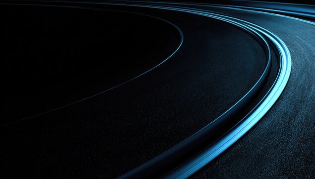 Dark, curving, light-blue racing track.  Close-up view of asphalt road