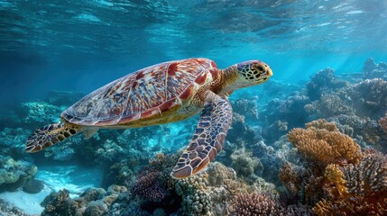 Obraz premium Sea turtle swimming above coral reef underwater