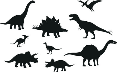 Silhouettes of various dinosaurs including flying and walking species, ideal for prehistoric, Jurassic, fossil, science, and educational designs.
