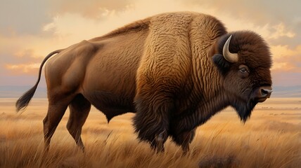 Majestic bison standing proudly in golden prairie grasses at sunset, symbolizing strength and resilience