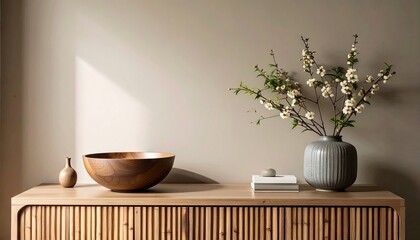 Modern Minimalist Interior Design with Wooden Bowl, Vase, and Flowers