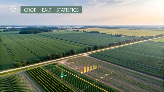 Aerial view of farmland with crop health statistics overlayed - Powered by Adobe