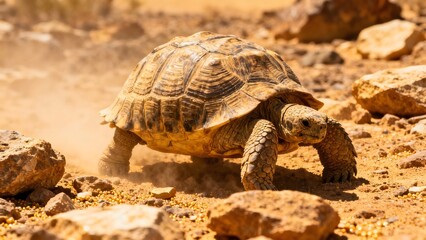 Tortoise walking on dry, dusty ground under bright sun, symbolizing resilience and slow progress in a harsh environment