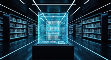 Futuristic library interior, showcasing a glass display case filled with books
