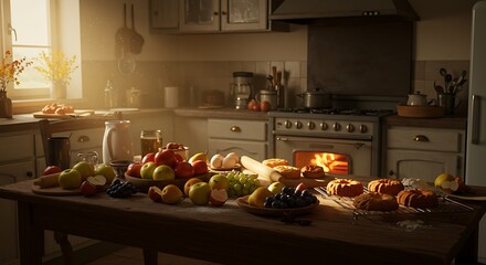A cozy kitchen scene with a table full of fresh fruits and baked goods, illuminated by warm sunlight. An oven glows in the background, creating a homely atmosphere.