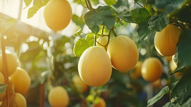 Ripe cantaloupe melons grow in a greenhouse, illuminated by sunlight. Ideal for food, agriculture, or healthy eating content creation.