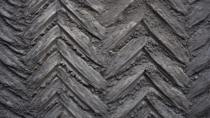 Close-up of tractor tire tread marks imprinted on rough asphalt surface, creating industrial texture and abstract pattern, top view design concept for construction, transportation and heavy machinery