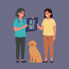 A cartoon image shows a veterinarian with a stethoscope, an x-ray, a person, and a dog standing in front of a solid blue-grey background.