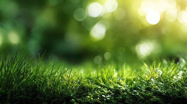 Close-up of vibrant green grass, blurred background of lush greenery and sunlight
