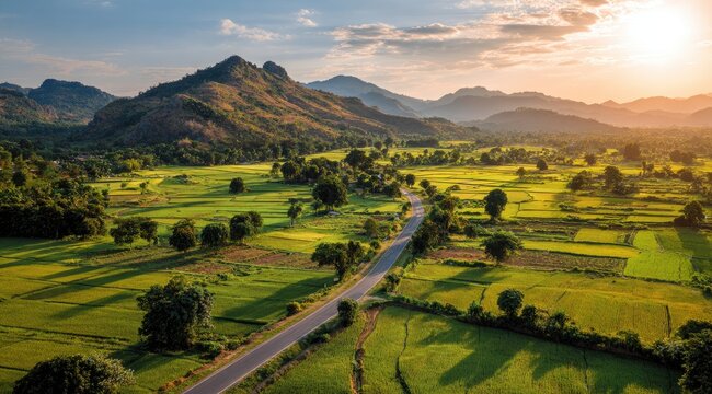 Panoramic vista of a winding road through lush rice paddies, framed by rolling hills at golden sunset