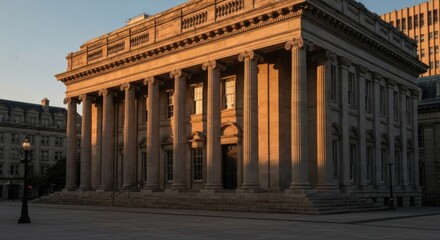 Obraz premium Grand, classical building at dawn, sun-drenched facade