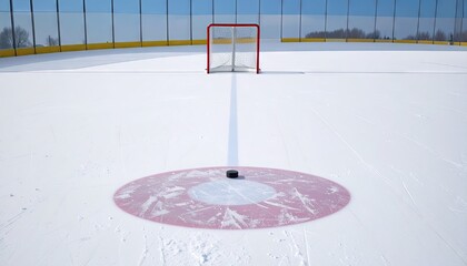 Hockey Puck on Ice Rink with Goal in Background