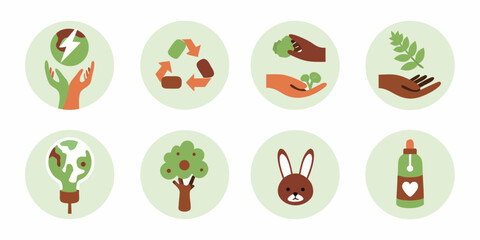 Collection of eight circular icons representing environmental protection sustainability and nature conservation themes