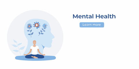 Person meditating in lotus pose within a silhouette of a head with flowers representing mental well being