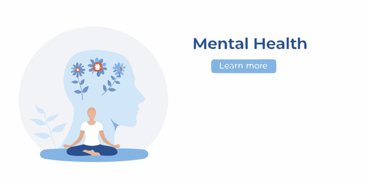 Person meditating in lotus pose within a silhouette of a head with flowers representing mental well being