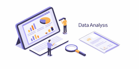 Isometric illustration of people analyzing charts and graphs on a laptop with magnifying glass and document