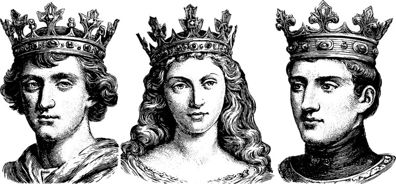 Vintage engraving of regal kings and queen portrait set