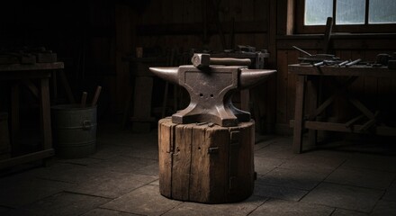 Heavy anvil sits on a wooden stump in a dark workshop