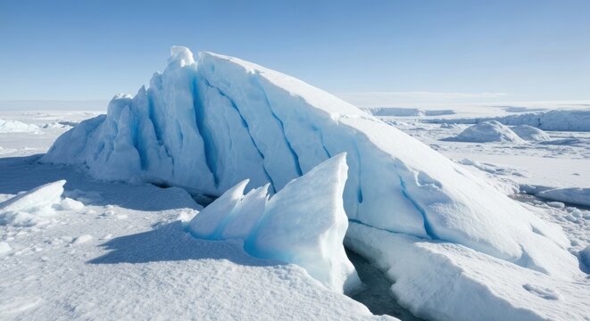 Iceberg fragments on a pristine, snow-covered landscape under a clear blue sky